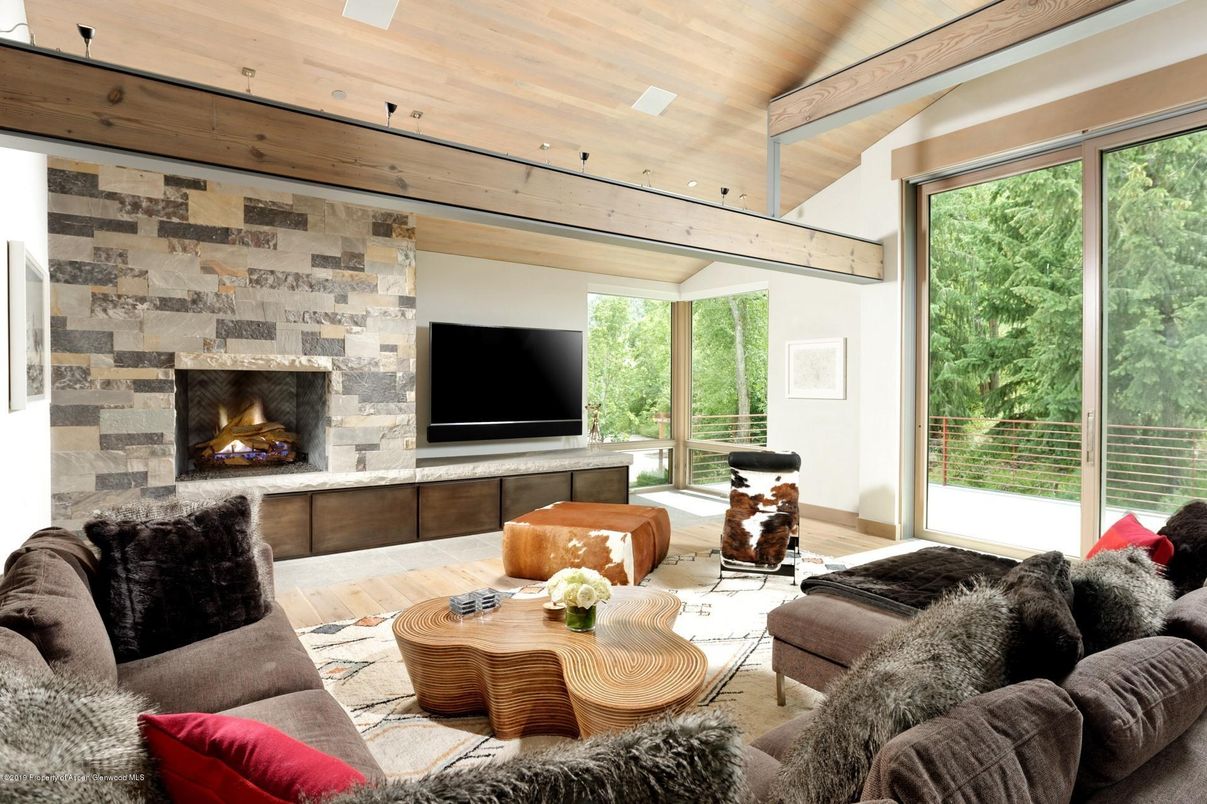 Fireplace, Interior, Living room, Stone Walls, Wooden Ceilings, Wood Texture Flooring
