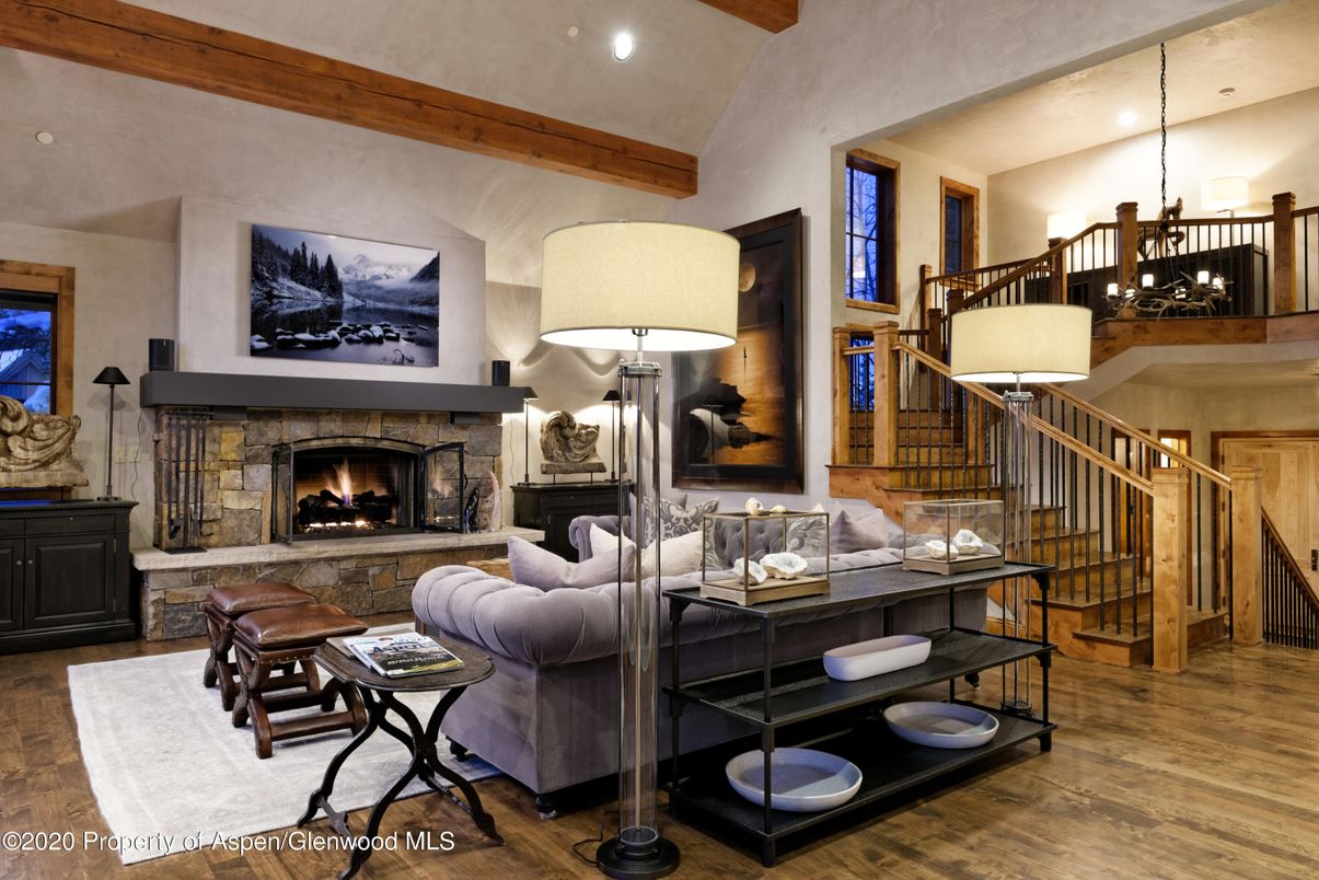 Fireplace, Interior, Living room, Pendant Lights, Recessed Lighting, Wooden Beams, Wood Texture Flooring