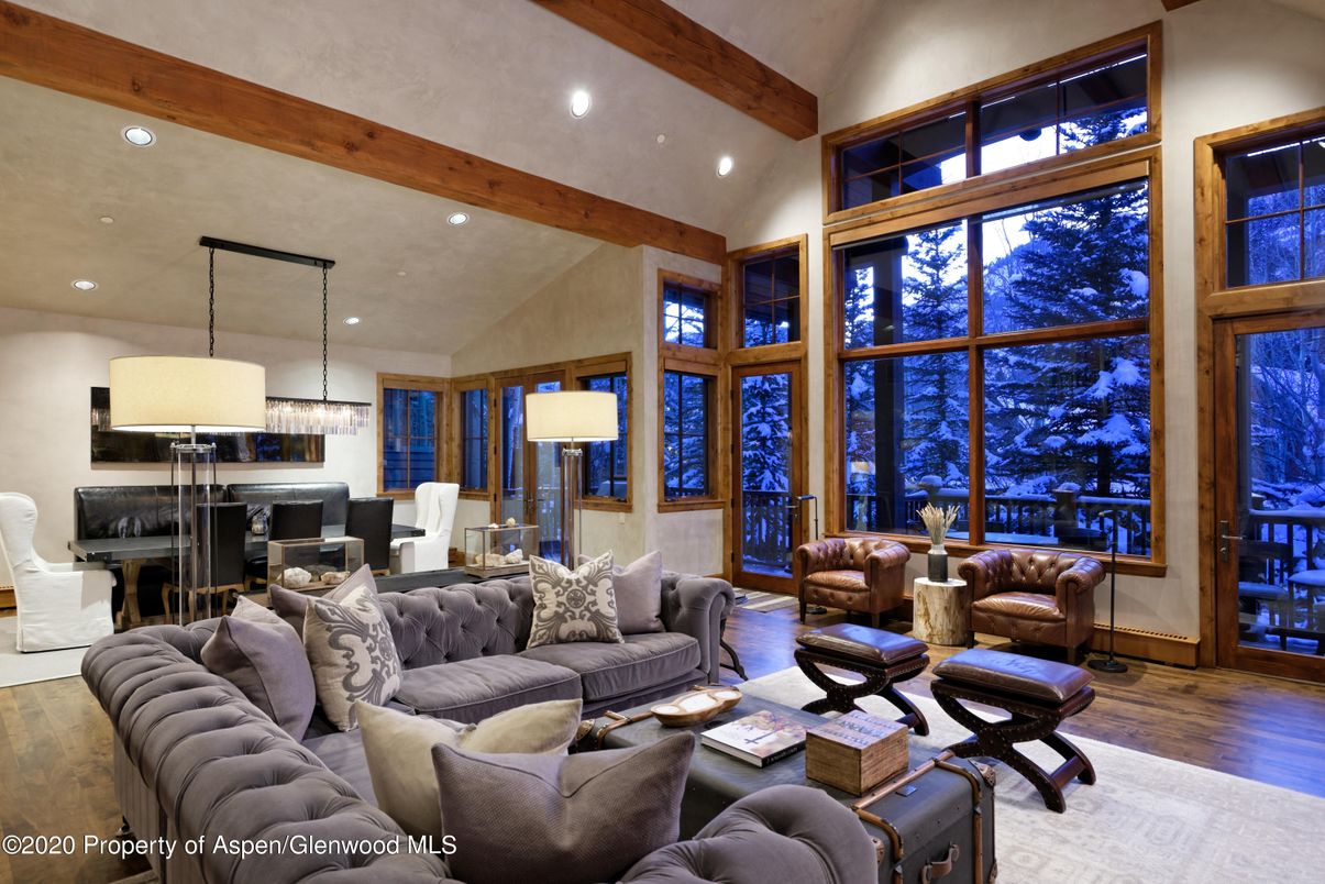 Chandelier, Dining room, Interior, Living room, Pendant Lights, Recessed Lighting, Wooden Beams, Wood Texture Flooring