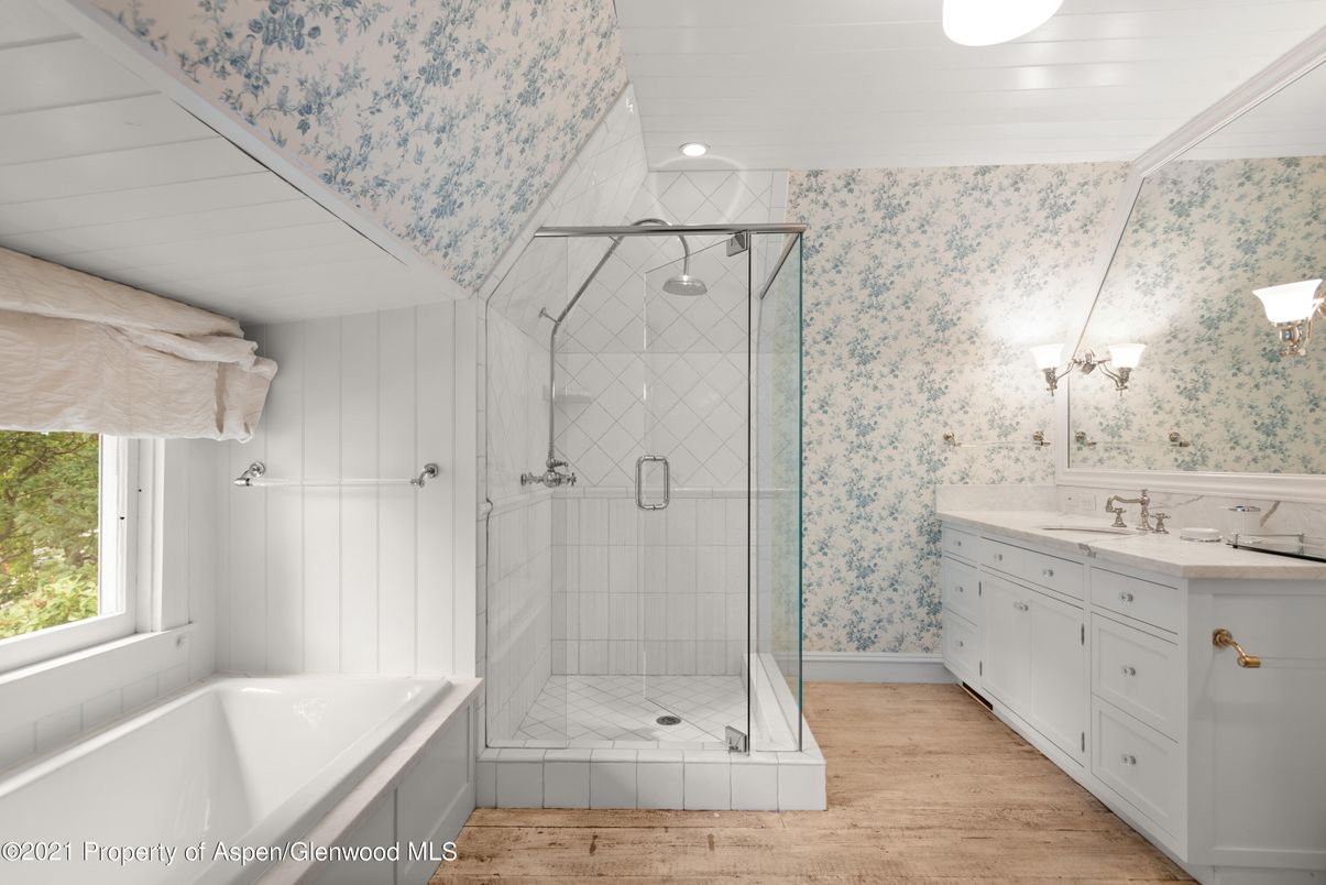 Bathroom, Dual Sink Vanities, Glass Shower, Interior, Wood Texture Flooring