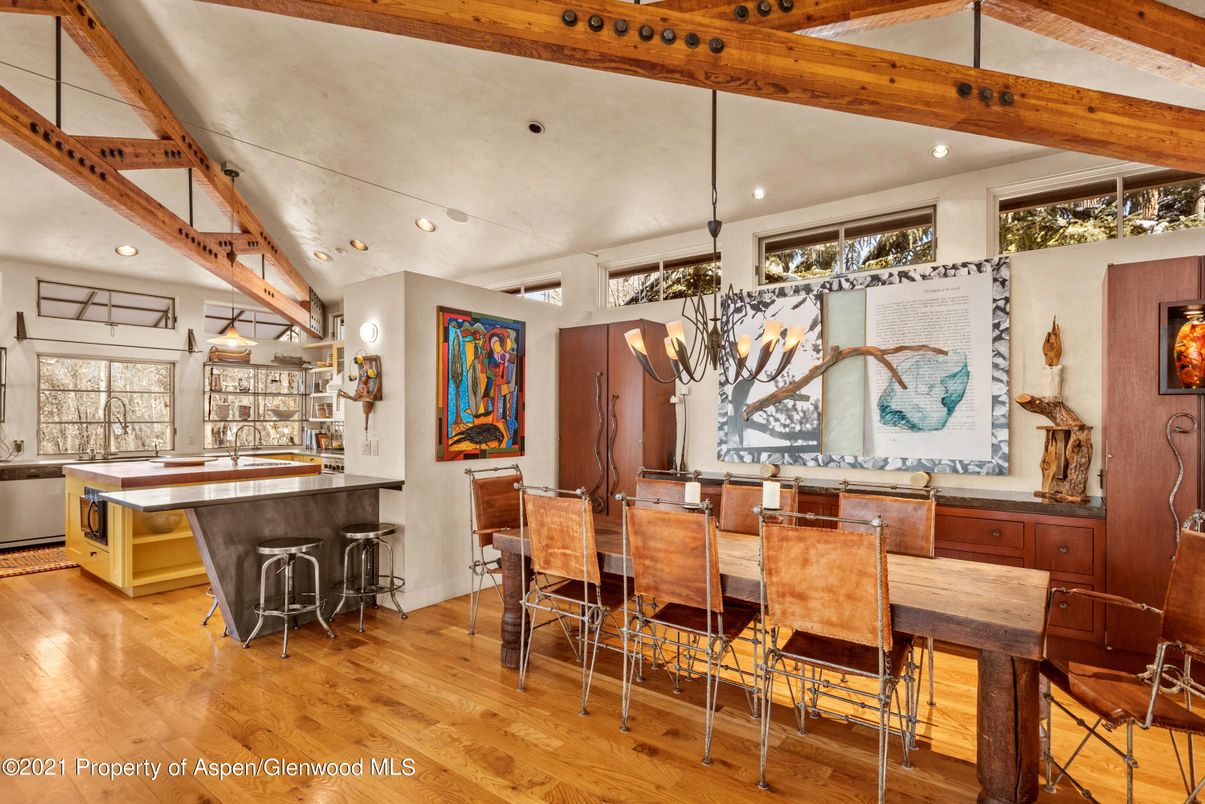 Dining room, Interior, Kitchen, Pendant Lights, Recessed Lighting, Wooden Beams, Wood Texture Flooring