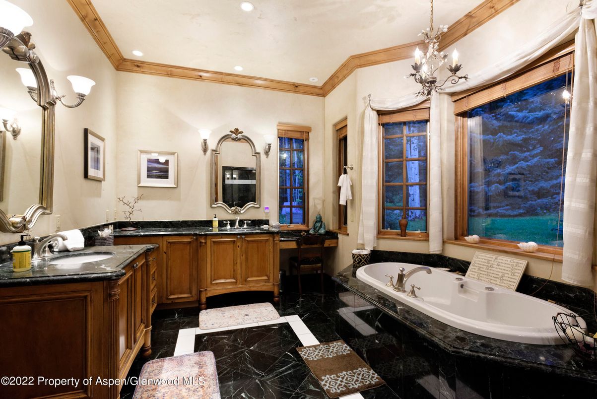 Bathroom, Chandelier, Dual Sink Vanities, Interior, Marble, Recessed Lighting