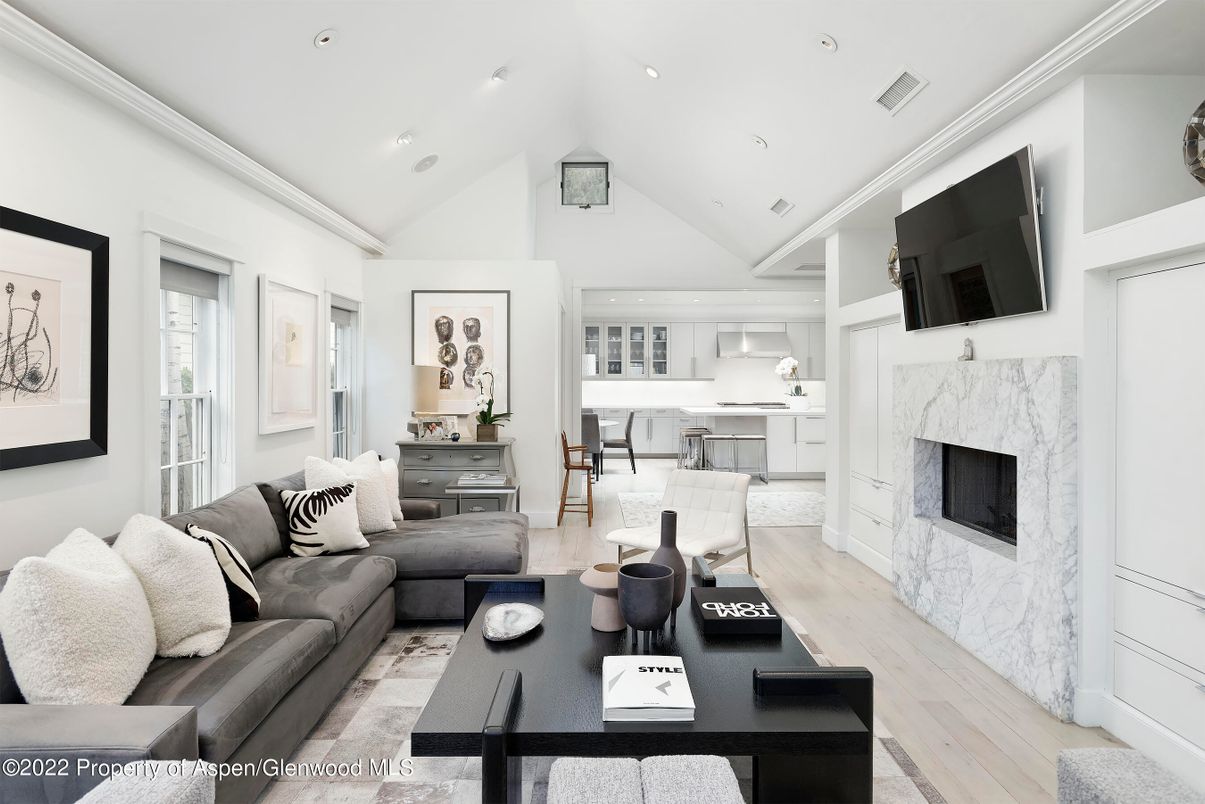 Fireplace, Interior, Kitchen, Living room, Recessed Lighting, Wood Texture Flooring
