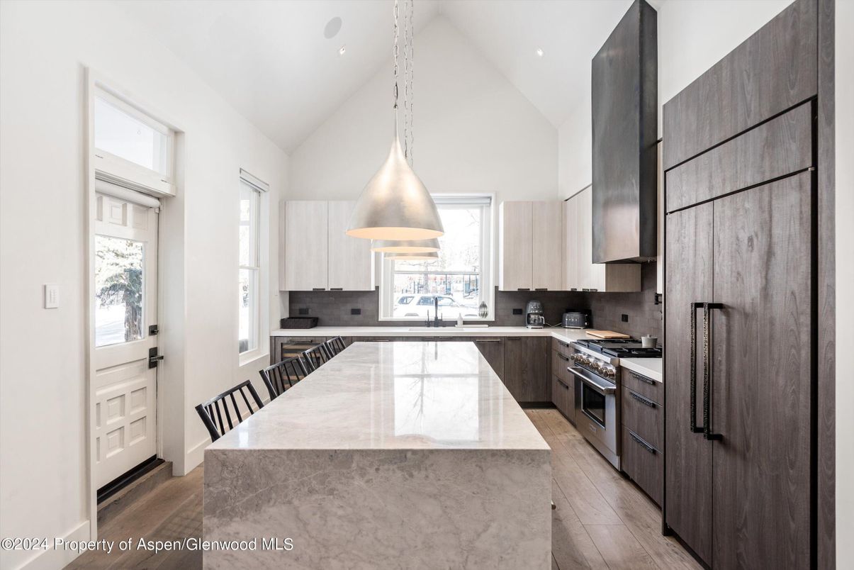 Interior, Kitchen, Pendant Lights, Recessed Lighting, Stainless Steel Appliances, Wood Texture Flooring