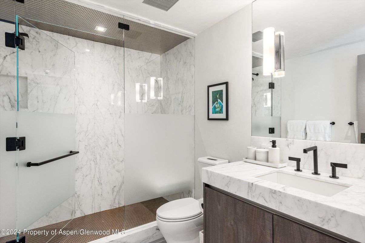 Bathroom, Glass Shower, Interior, Marble Walls, Recessed Lighting