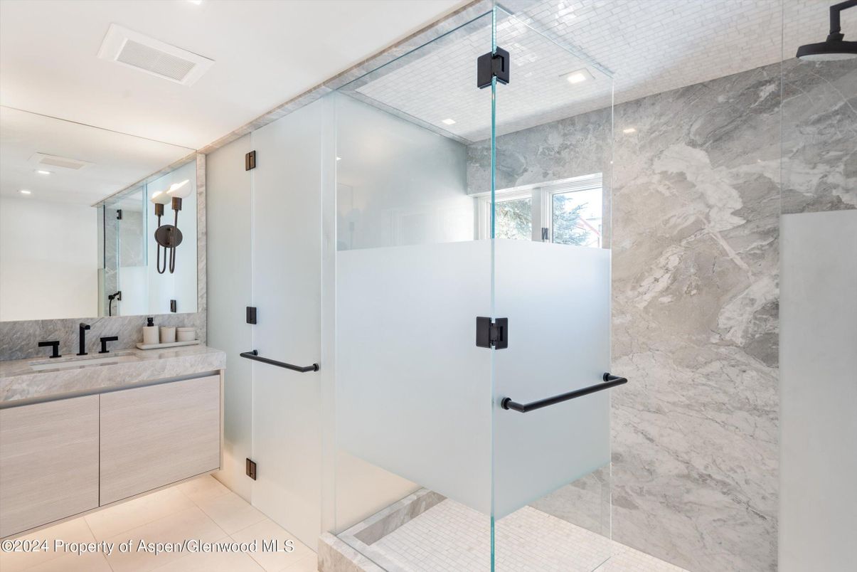 Bathroom, Glass Shower, Interior, Marble Walls, Recessed Lighting