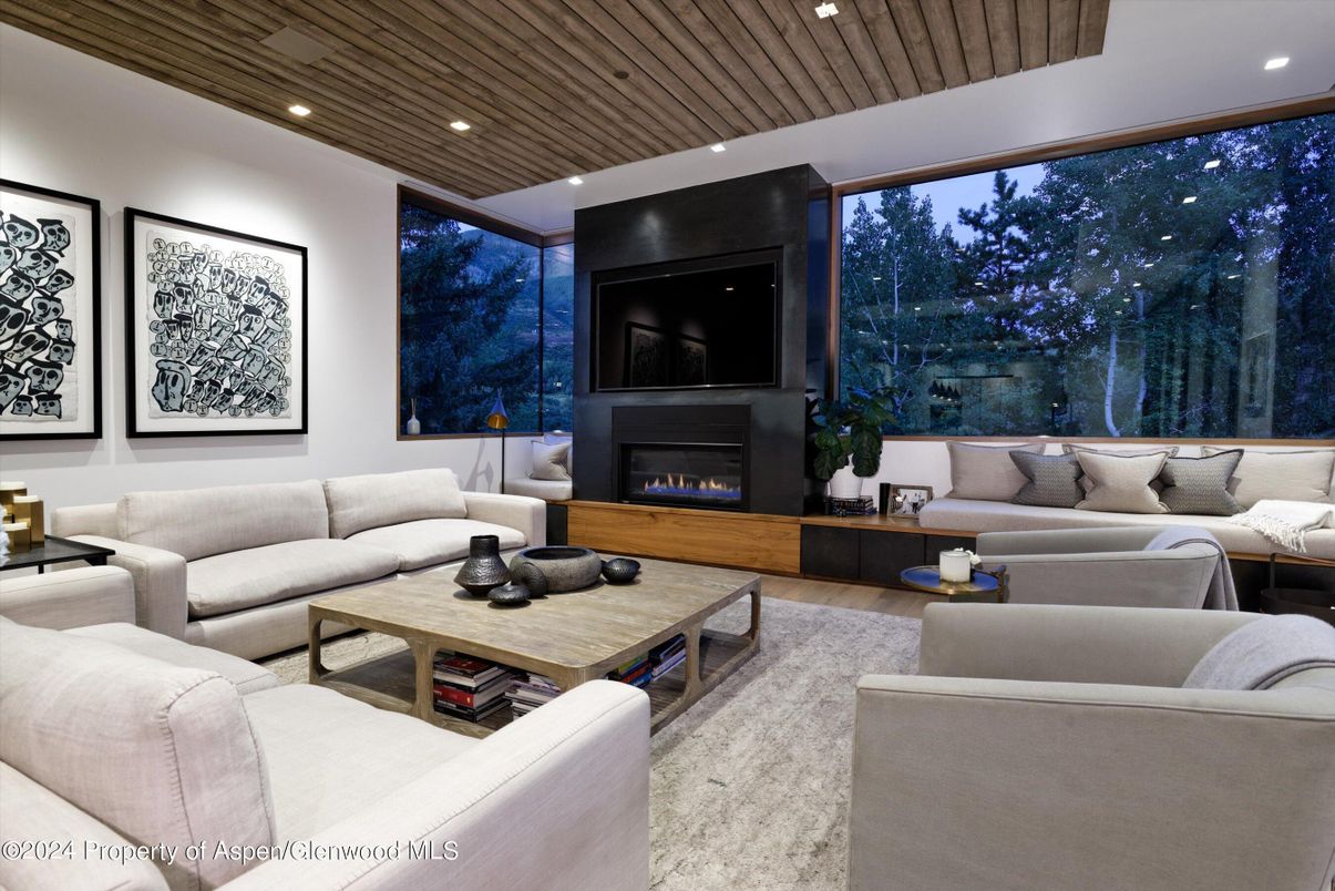 Fireplace, Interior, Living room, Recessed Lighting, Wooden Ceilings, Wood Texture Flooring