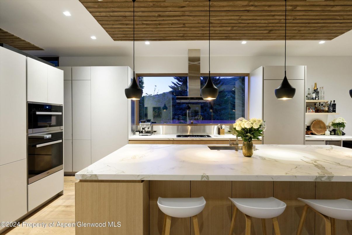 Interior, Kitchen, Pendant Lights, Recessed Lighting, Stainless Steel Appliances, Wooden Ceilings, Wood Texture Flooring