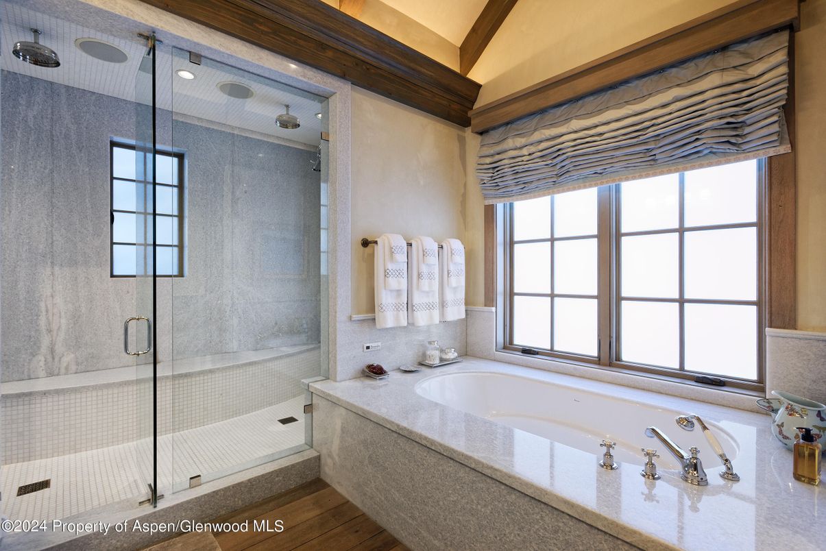 Bathroom, Glass Shower, Interior, Recessed Lighting, Wood Texture Flooring