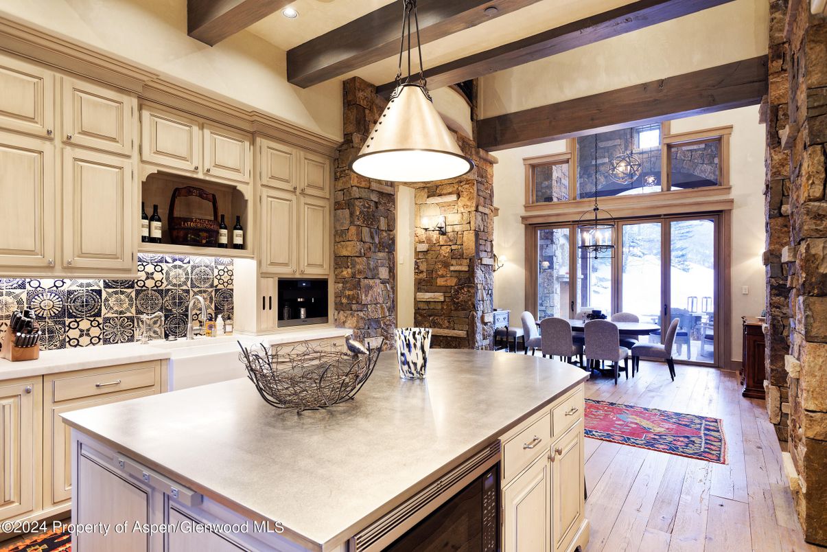 Dining room, Interior, Kitchen, Pendant Lights, Recessed Lighting, Stone Walls, Wooden Beams, Wood Texture Flooring