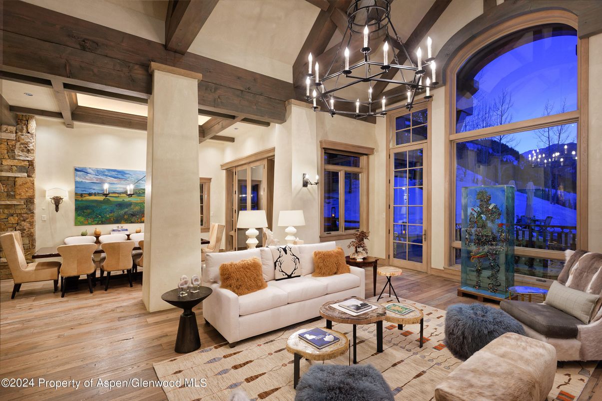 Chandelier, Dining room, Interior, Living room, Stone Walls, Wooden Beams, Wood Texture Flooring
