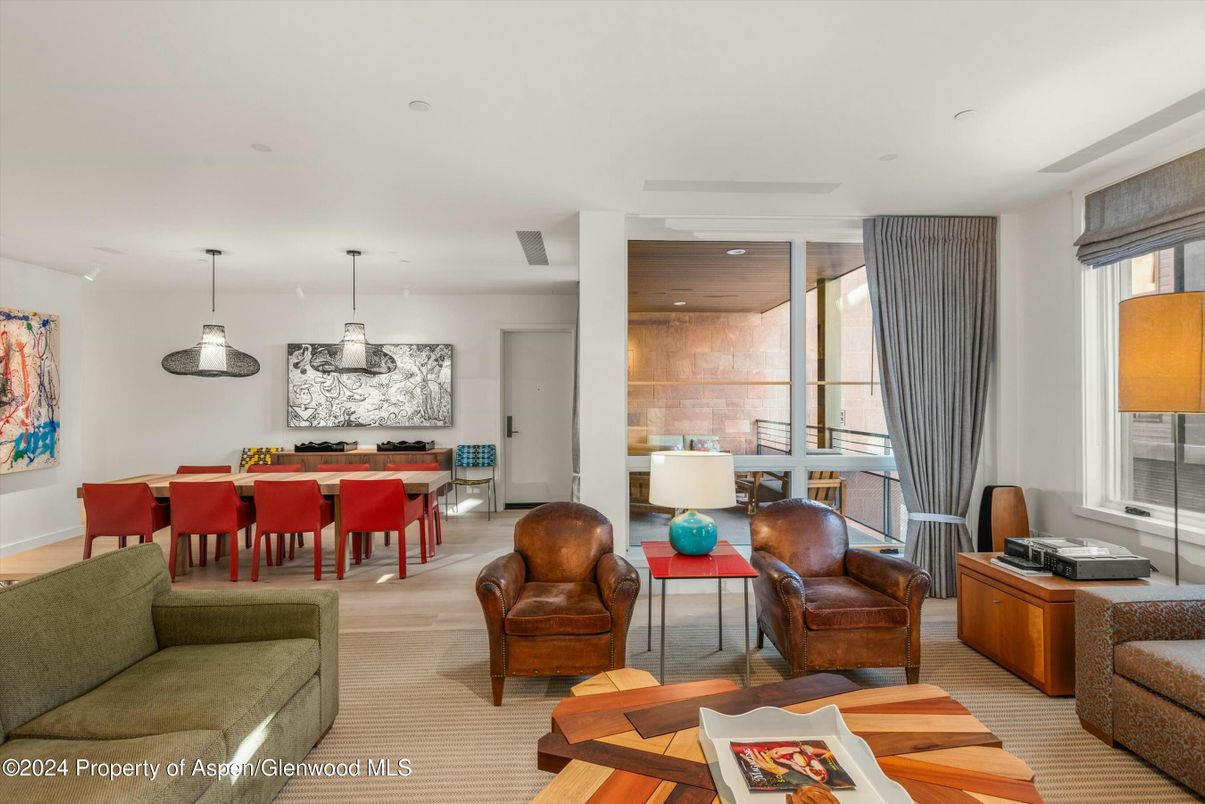 Dining room, Interior, Living room, Pendant Lights, Recessed Lighting, Wood Texture Flooring