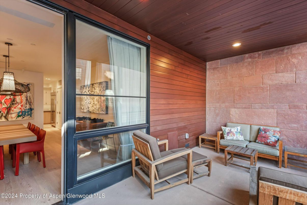 Interior, Living room, Pendant Lights, Recessed Lighting, Stone Walls, Wooden Ceilings, Wooden Walls