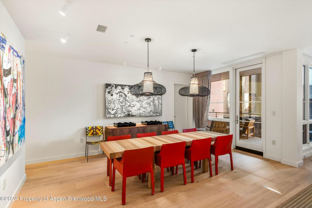 Dining room, Interior, Pendant Lights, Recessed Lighting, Wood Texture Flooring