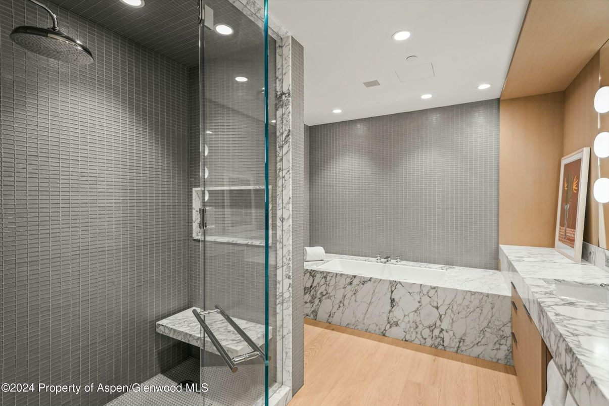 Bathroom, Glass Shower, Interior, Recessed Lighting, Wood Texture Flooring