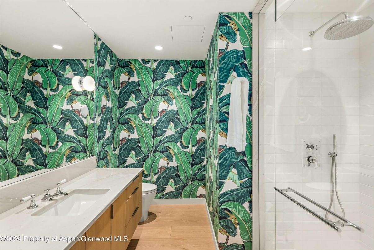 Bathroom, Glass Shower, Interior, Recessed Lighting, Wood Texture Flooring