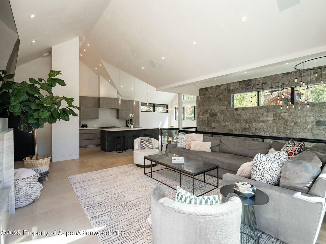 Interior, Kitchen, Living room, Pendant Lights, Recessed Lighting, Stone Walls, Wood Texture Flooring