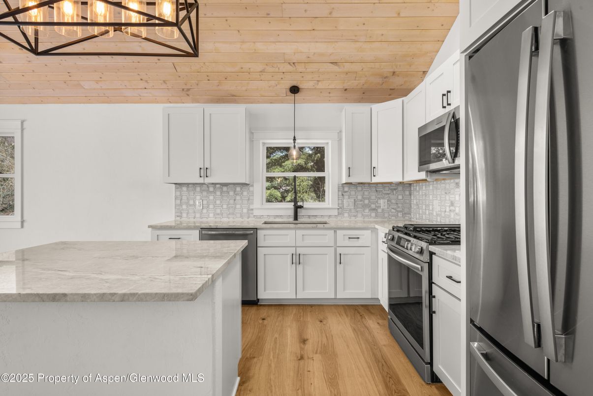 Interior, Kitchen, Pendant Lights, Stainless Steel Appliances, Wooden Ceilings, Wood Texture Flooring