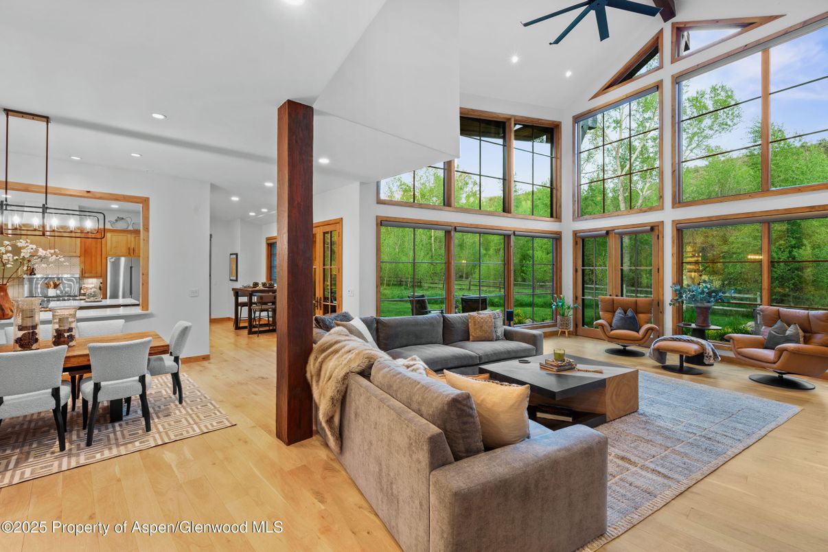 Dining room, Interior, Kitchen, Living room, Pendant Lights, Recessed Lighting, Stainless Steel Appliances, Wood Texture Flooring