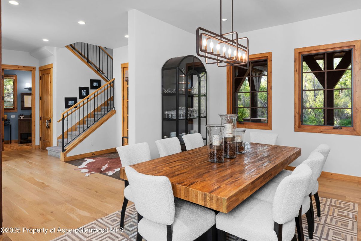 Dining room, Interior, Pendant Lights, Recessed Lighting, Wood Texture Flooring