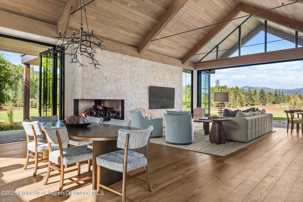 Dining room, Fireplace, Interior, Living room, Pendant Lights, Stone Walls, Wooden Beams, Wooden Ceilings, Wood Texture Flooring