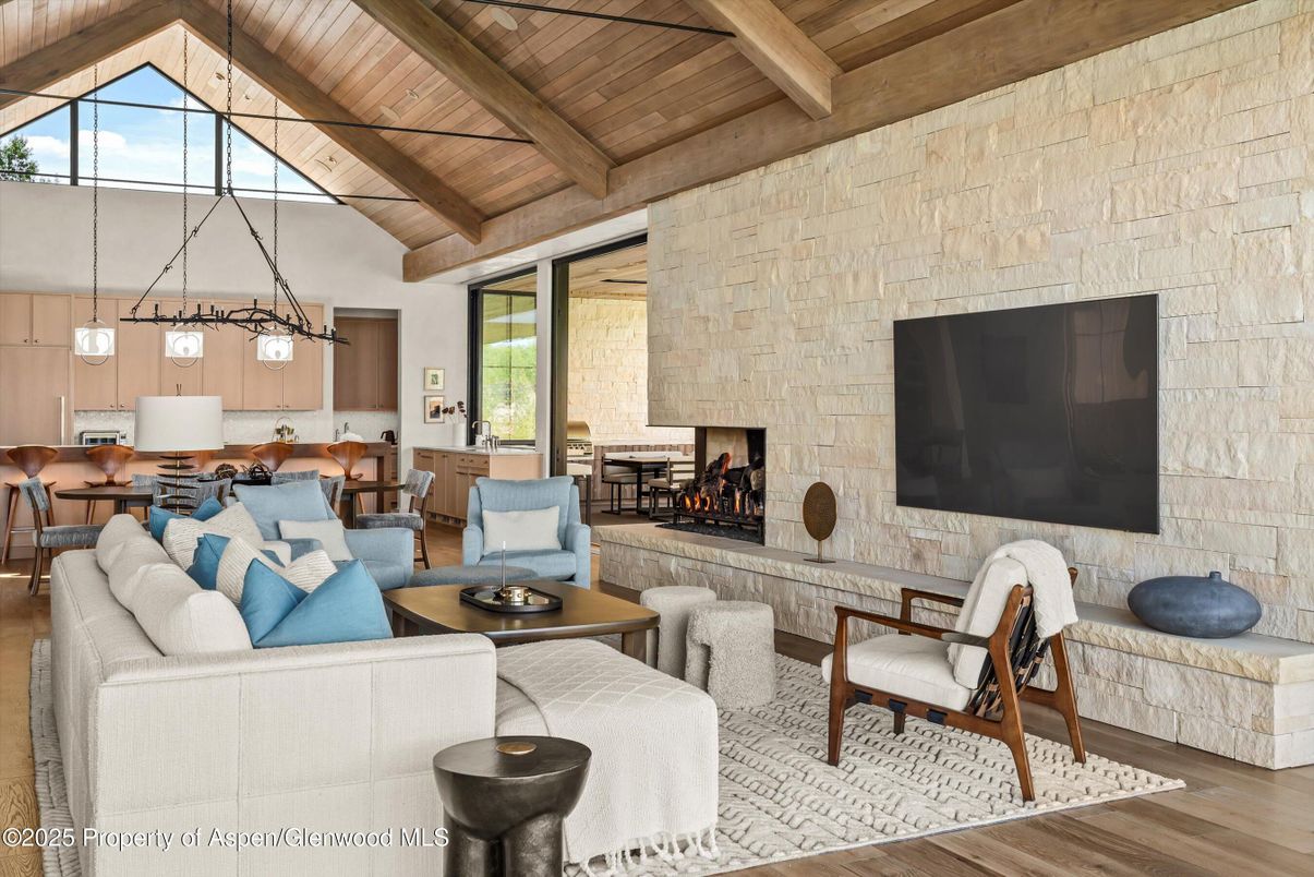 Fireplace, Interior, Kitchen, Living room, Pendant Lights, Stone Walls, Wooden Beams, Wooden Ceilings, Wood Texture Flooring