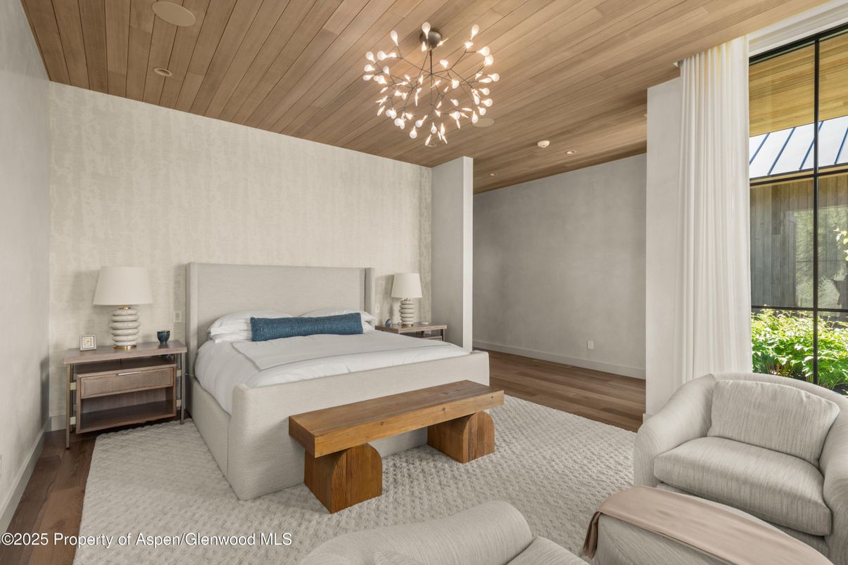 Bedroom, Interior, Pendant Lights, Recessed Lighting, Wooden Ceilings, Wood Texture Flooring