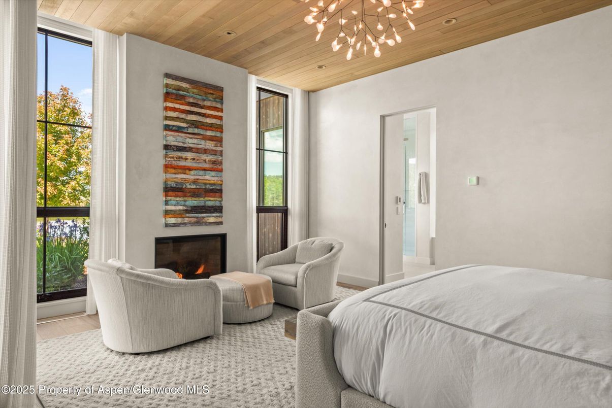 Bedroom, Fireplace, Interior, Pendant Lights, Recessed Lighting, Wooden Ceilings