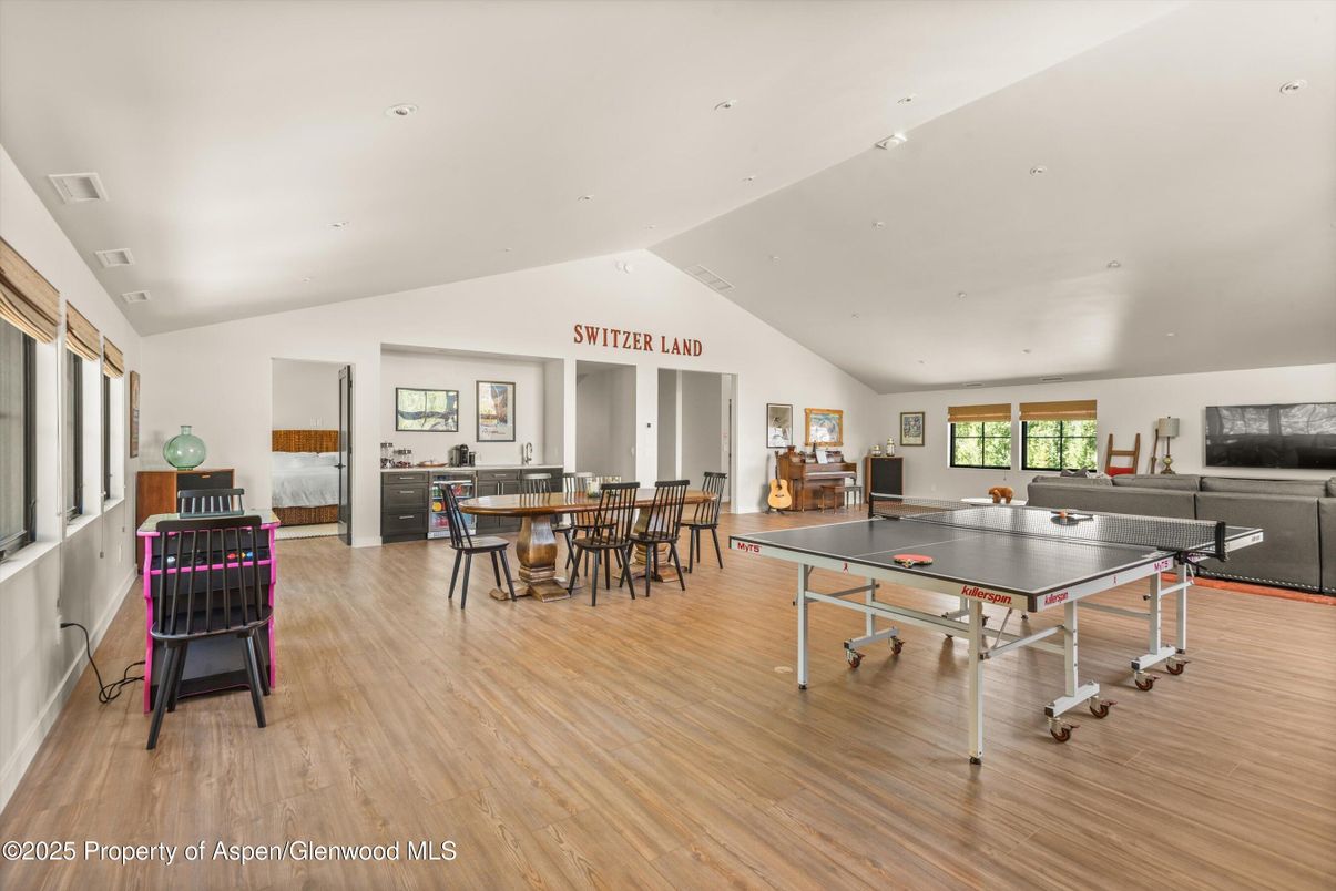 Dining room, Game Room, Interior, Recessed Lighting, Wood Texture Flooring