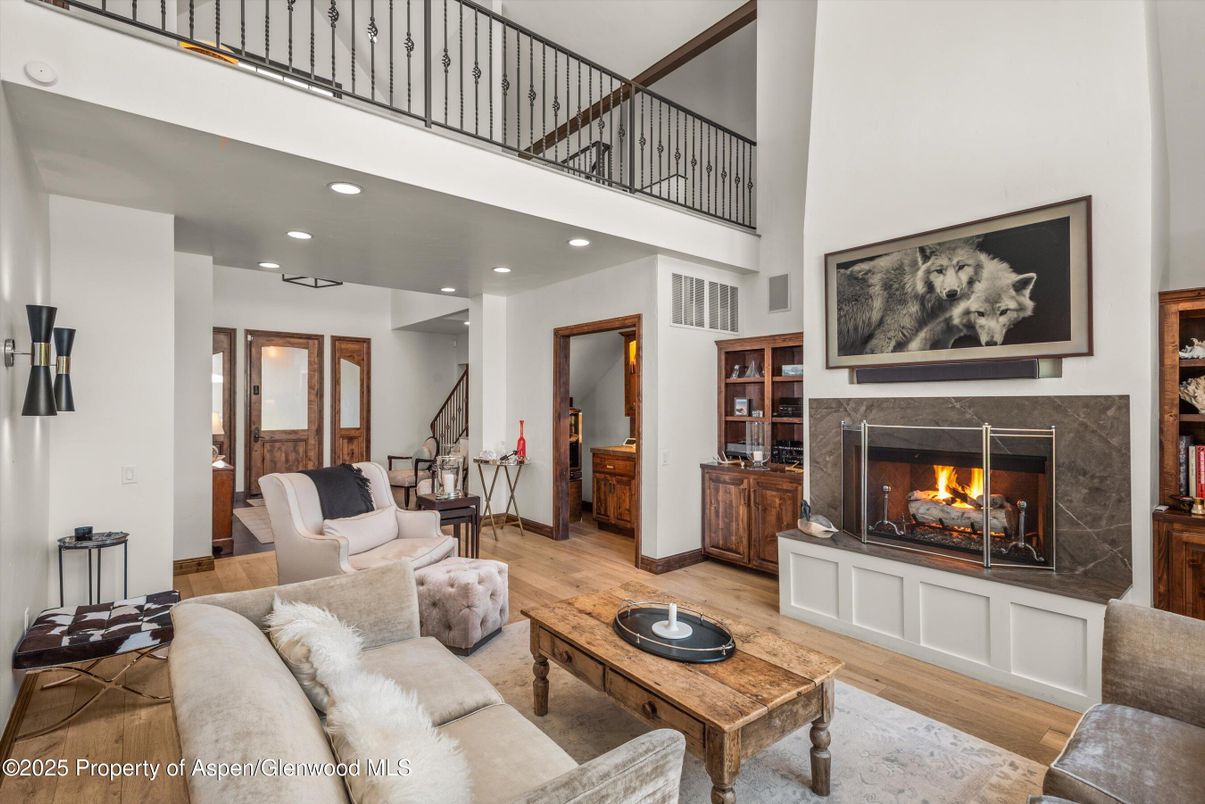 Fireplace, Interior, Living room, Recessed Lighting, Wood Texture Flooring