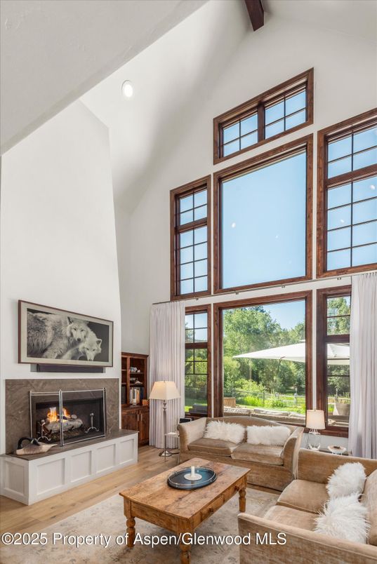 Fireplace, Interior, Living room, Recessed Lighting, Wooden Beams, Wood Texture Flooring