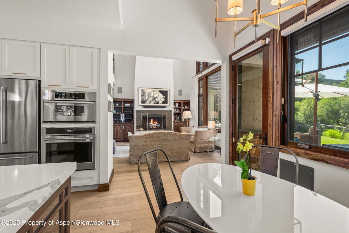 Dining room, Fireplace, Interior, Kitchen, Living room, Stainless Steel Appliances, Wood Texture Flooring