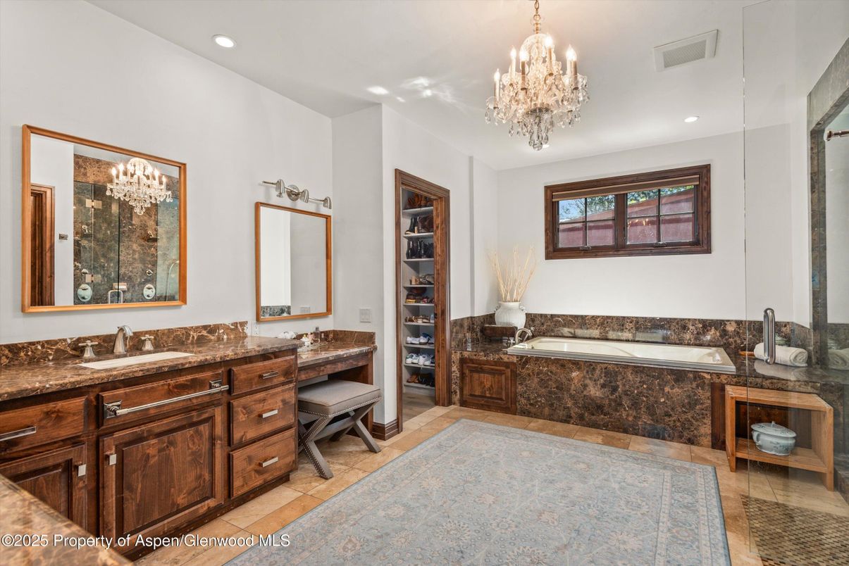 Bathroom, Chandelier, Dual Sink Vanities, Interior, Recessed Lighting