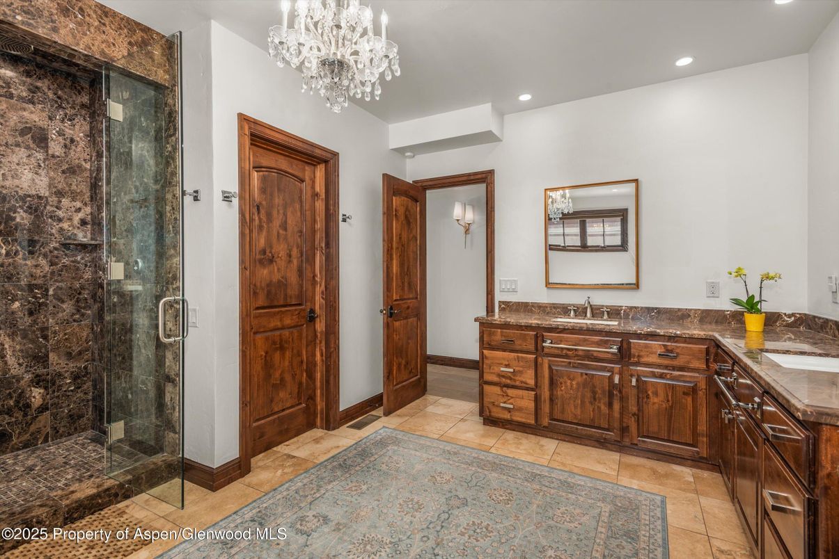 Bathroom, Chandelier, Dual Sink Vanities, Glass Shower, Interior, Recessed Lighting