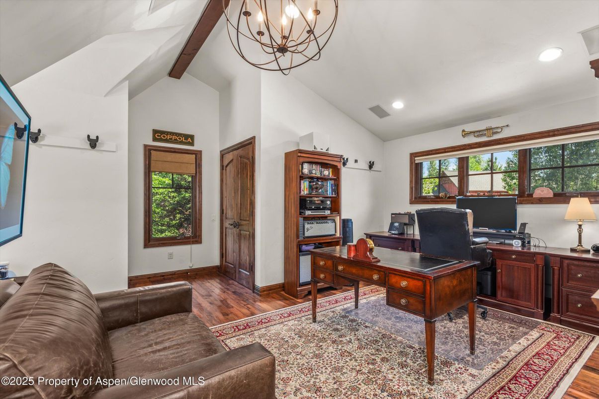 Chandelier, Home Office, Interior, Recessed Lighting, Wood Texture Flooring