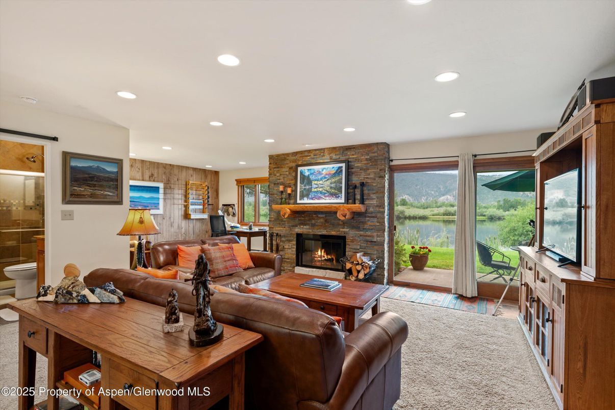 Fireplace, Interior, Living room, Recessed Lighting, Stone Walls