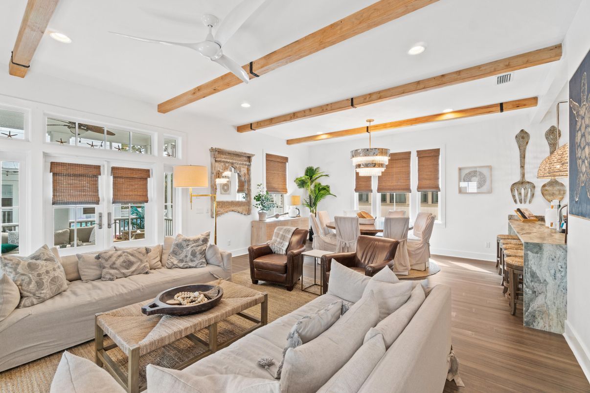 Chandelier, Dining room, Interior, Living room, Recessed Lighting, Wooden Beams, Wood Texture Flooring