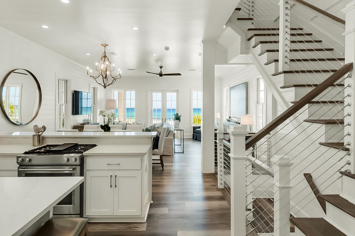 Chandelier, Interior, Kitchen, Living room, Recessed Lighting, Stainless Steel Appliances, Wood Texture Flooring