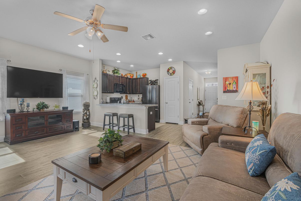 Interior, Kitchen, Living room, Recessed Lighting, Stainless Steel Appliances, Wood Texture Flooring