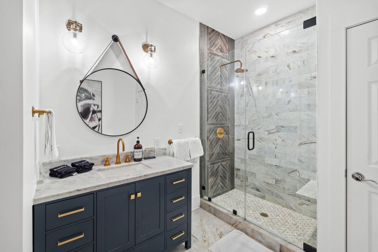Bathroom, Glass Shower, Interior, Marble Walls, Recessed Lighting