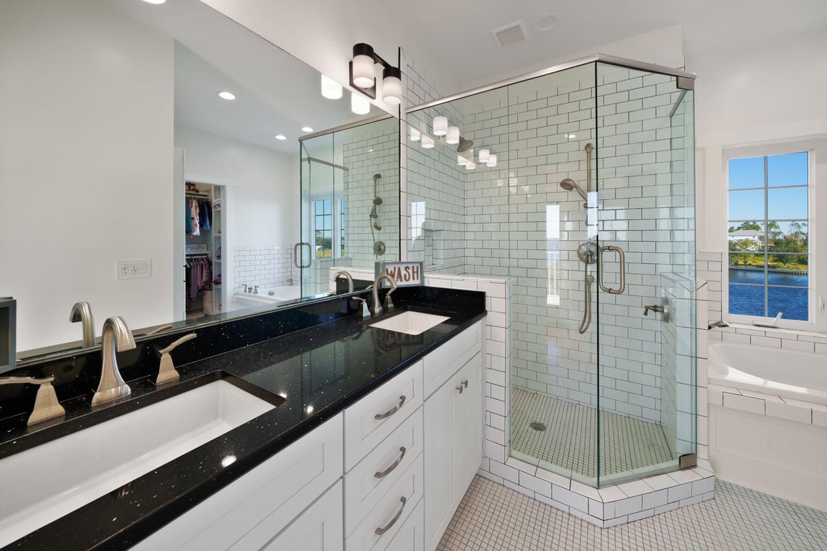 Bathroom, Dual Sink Vanities, Glass Shower, Interior, Recessed Lighting, Water