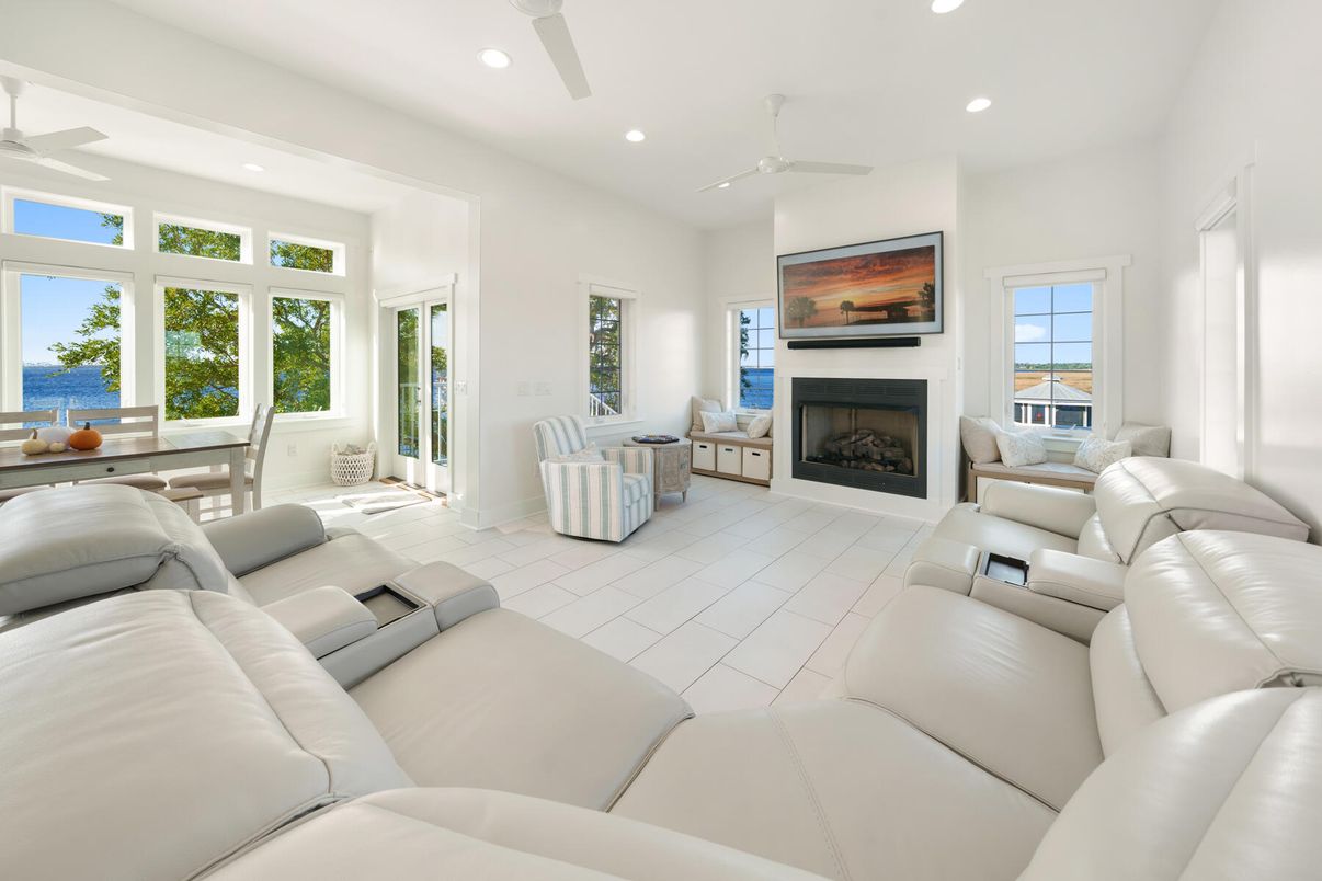 Dining room, Fireplace, Interior, Living room, Recessed Lighting, Water