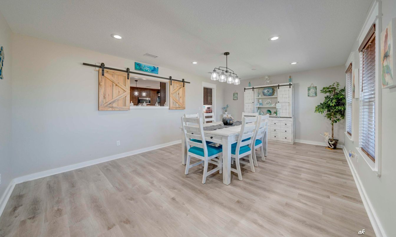 Dining room, Interior, Pendant Lights, Recessed Lighting, Wood Texture Flooring