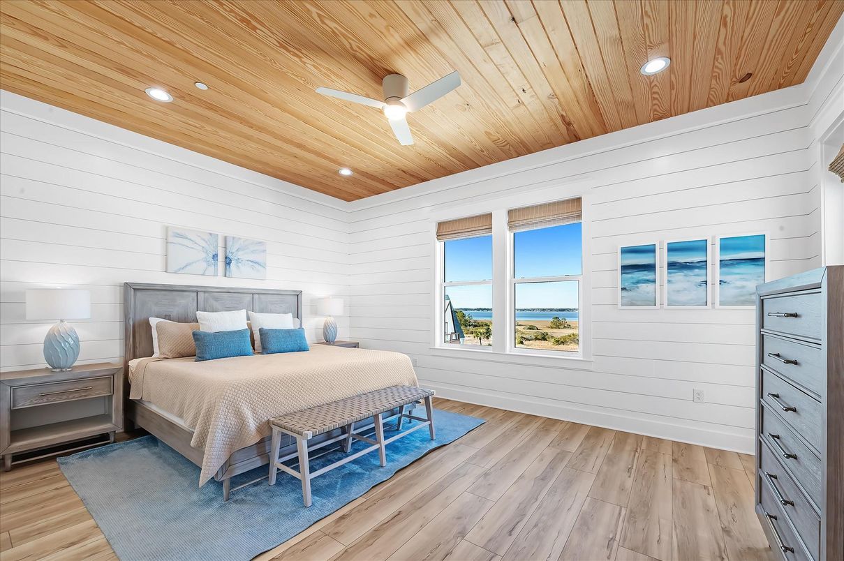 Bedroom, Interior, Recessed Lighting, Water, Wooden Ceilings, Wood Texture Flooring