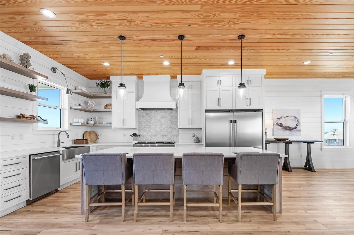 Interior, Kitchen, Pendant Lights, Recessed Lighting, Stainless Steel Appliances, Wooden Ceilings, Wood Texture Flooring