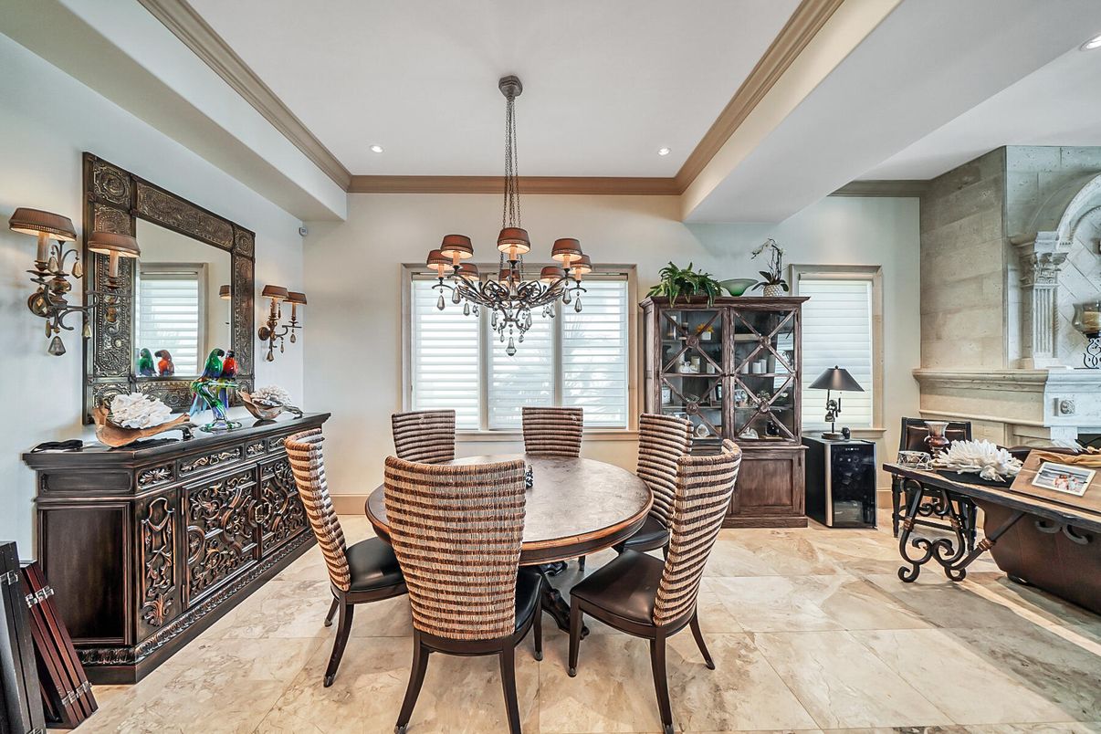 Chandelier, Dining room, Fireplace, Interior, Recessed Lighting