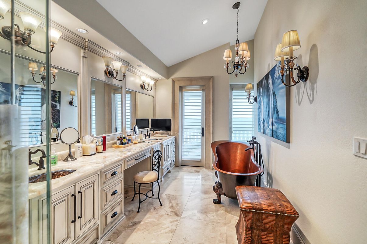 Bathroom, Chandelier, Dual Sink Vanities, Free Standing Baths, Interior, Recessed Lighting