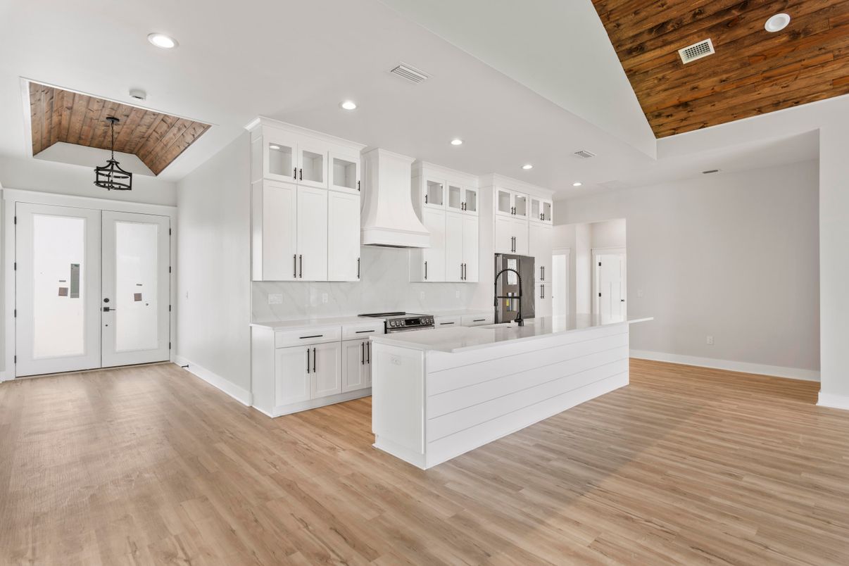 Interior, Kitchen, Recessed Lighting, Wooden Ceilings, Wood Texture Flooring