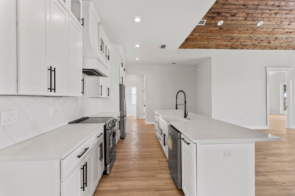Interior, Kitchen, Marble Walls, Recessed Lighting, Wooden Ceilings, Wood Texture Flooring