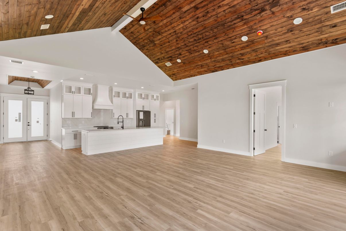 Empty room, Interior, Kitchen, Recessed Lighting, Wooden Ceilings, Wood Texture Flooring